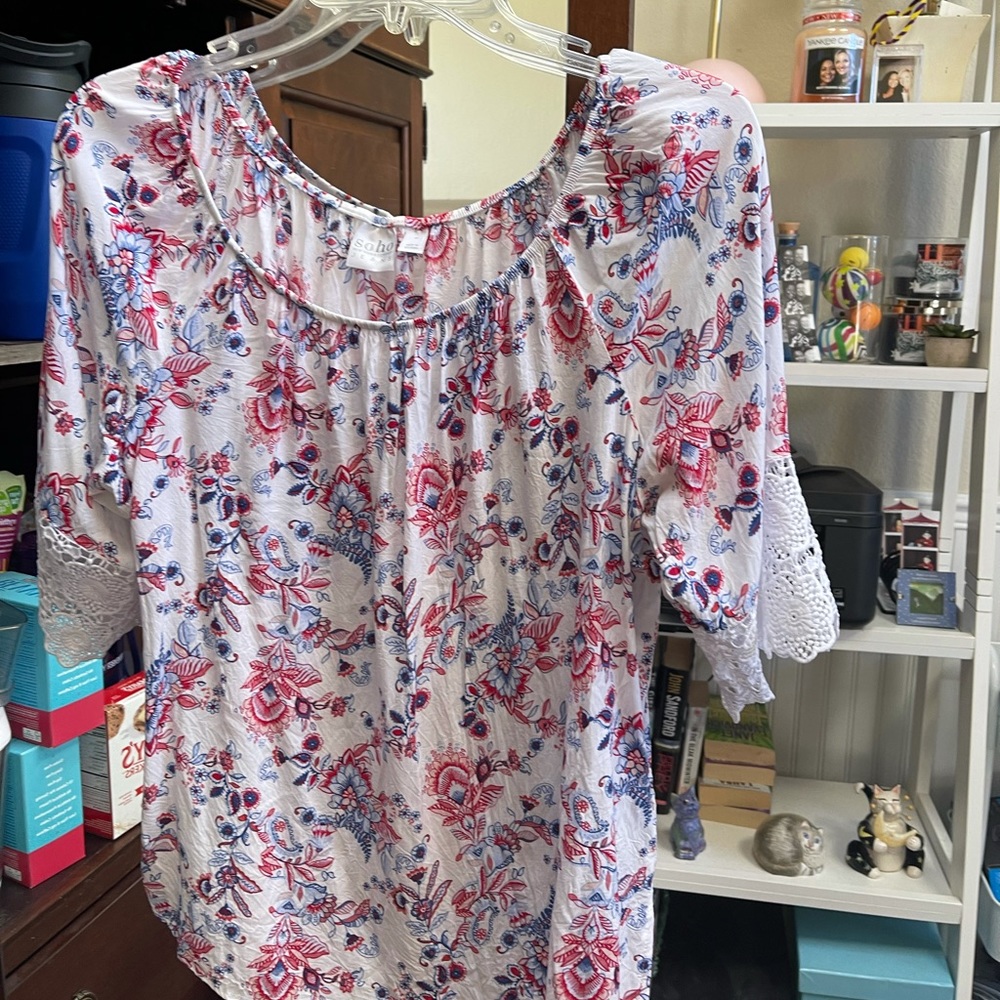 Red, white, blue floral designed off the shoulder top, size Medium